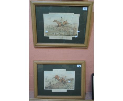 Pair of humorous hunting prints, 'Topping a stone wall and coming well into the next field' and 'Topping a stone wall'. Frame