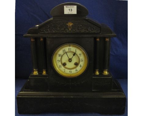 Late Victorian black slate two train architectural mantle clock with enamelled Arabic face and French brass drum movement.  S