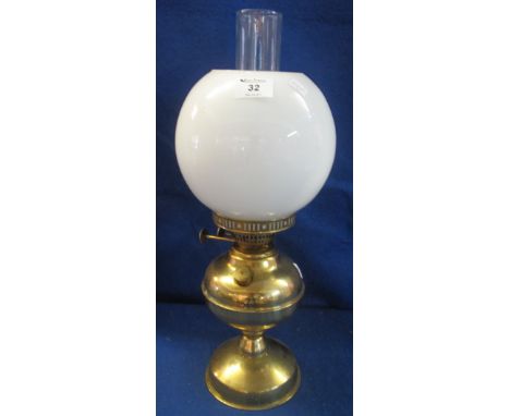 20th Century brass double burner oil lamp with opaque shade and clear chimney.(B.P. 24% incl. VAT)