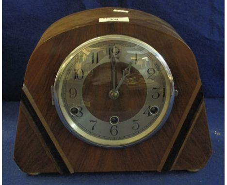Mid century walnut three train mantle clock with art deco design case.  (B.P. 24% incl. VAT)
