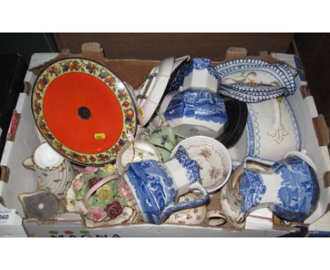 Tray of assorted china to include graduated set of three Copeland Spode Italian blue and white dresser jugs, various floral t