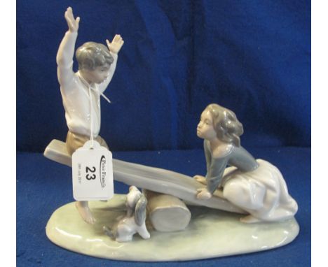 Lladro porcelain figure group; children playing on seesaw with puppy. Printed and impressed marks. (B.P. 24% incl. VAT)