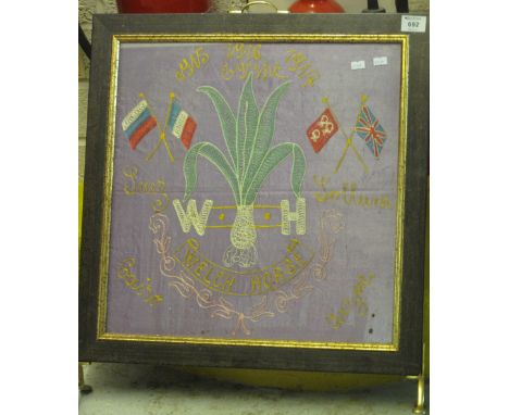 First World War period needlepoint embroidered silk banner 'Welch horse' 1915, 1916, 1917, Egypt, Suez, Solem, Cairo and Anza