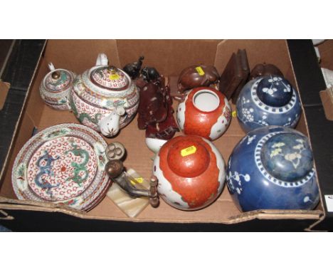 Tray of assorted Oriental and other items to include two similar Chinese blue and white prunus blossom ginger jars, two simil