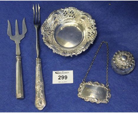 Bag of assorted silver to include silver handled forks, pickle fork, silver pierced bonbon dish, silver whisky spirit decante