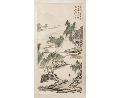 CHINESE SCROLL PAINTING
depicting a figure and buffalo in a river mountain landscape, with inscription and seal stamped, the 