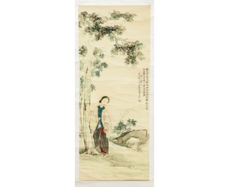 CHINESE SCROLL PAINTING
depicting a female in landscape setting, with script and seal stamp 