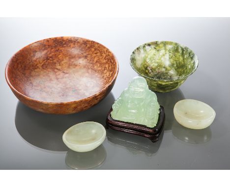 COLLECTION OF JADE EFFECT PIECES
comprising a bowl, buddha on stand, two small dishes, and a hardstone bowl, the largest bowl