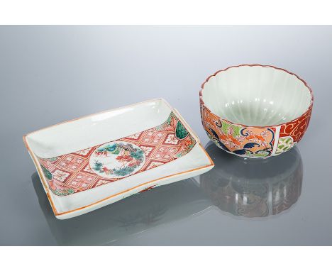 JAPANESE KUTANI DISH AND BOWL
the dish with a kimono sash in polychrome enamels, 15cm wide; the bowl probably Arita in imari 