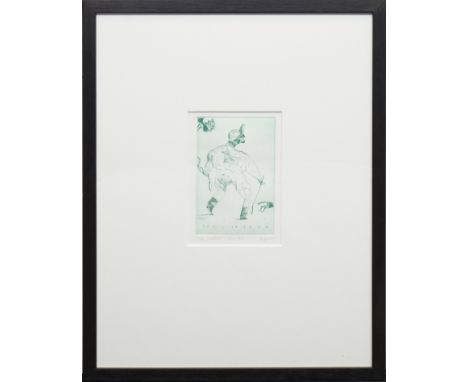 * JOHN BYRNE RSA,
THE FALLER 
etching, signed, titled, and numbered 30/40, further titled in the plate 
16.5cm x 11cm 
Mounte
