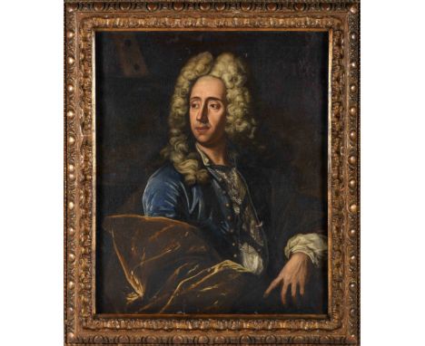 Portrait of a gentlemanPortrait of a gentleman, oil on canvas, carved and gilt wood frame, English School, 18th C., small tea