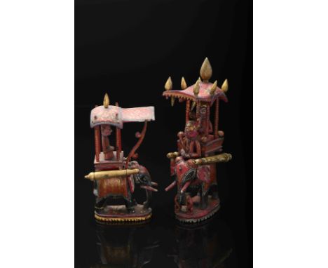 Two chess pieces - red king and queen «howdah»Two chess pieces - red king and queen «howdah», carved, painted and gilt ivory,