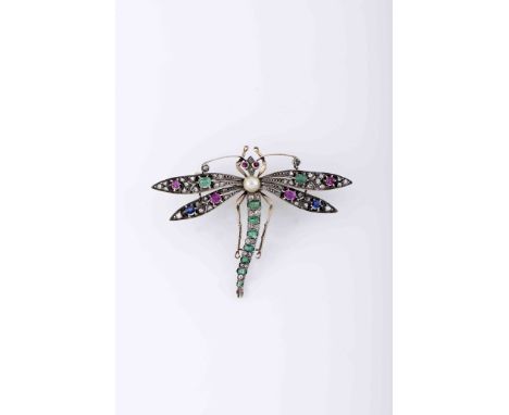 A tremblent brooch/pendant "Dragonfly"A tremblent brooch/pendant "Dragonfly", 750/1000 gold and 800/1000 silver, set with a n