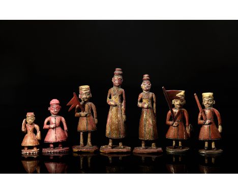 Seven chess pieces - red pawnsSeven chess pieces - red pawns, carved, painted and gilt ivory, Indian - Rajasthan, 19th C., mi