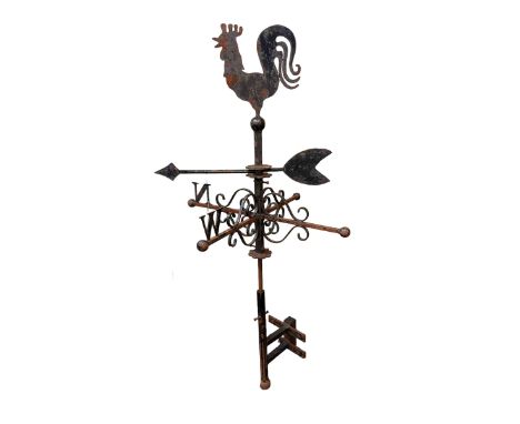 Wrought iron cockerel topped weather vane, 167cm.