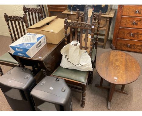 1920's/30's oak bureau cabinet, oak bobbin leg drop leaf dining table, four bobbin leg dining chairs and oval low table (7).