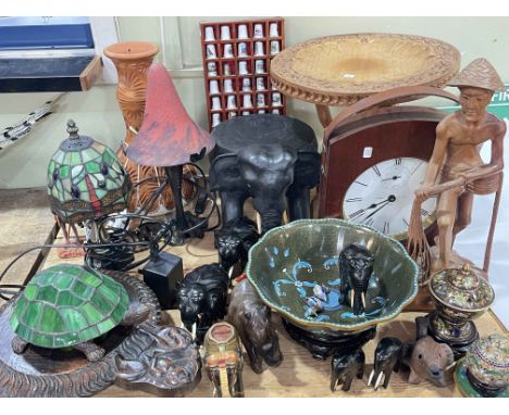 Mahogany cased wall clock, ebony and other elephants, three table lamps, Cloisonné bowl, etc.