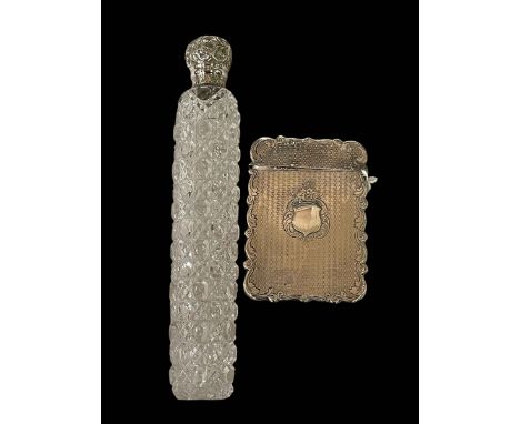Victorian silver card case with engine-turned decoration, together with Victorian silver topped scent flask, London 1893 (2).