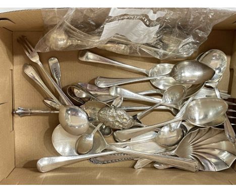 Various silver teaspoons, silver ladle, butter knife and bread fork, and various EP flatware.