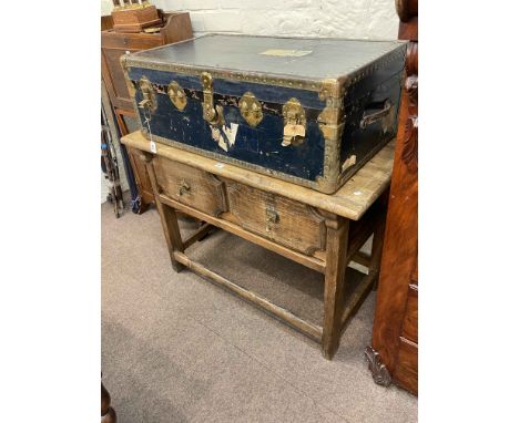 Rustic oak single drawer side table, 80cm by 113cm by 59cm, along with a vintage metal bound travelling trunk.