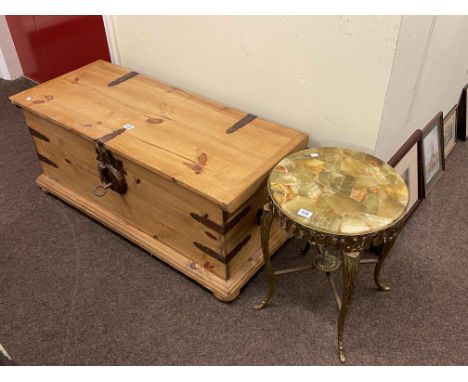 Pine and iron bound trunk and circular onyx and gilt low table (2).