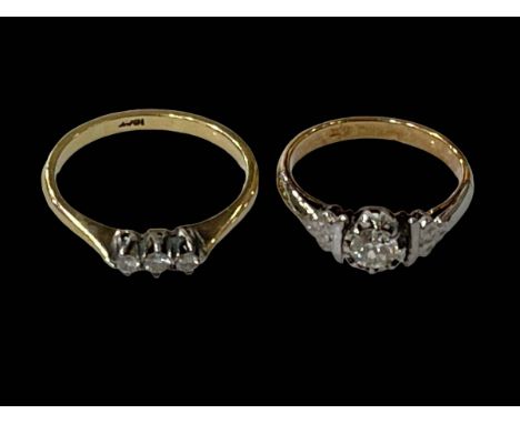 Diamond three stone 18 carat gold ring, size M, and diamond 9 carat gold ring, size H (2).