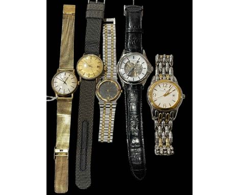 Collection of five wristwatches comprising 9 carat gold Hamilton, Omega, Gucci, Rotary and Maurice Lacroix.