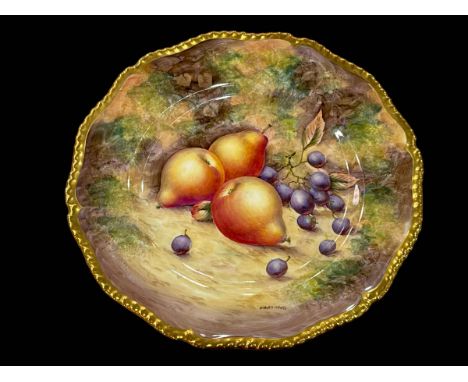 Royal Worcester Sibley-Lewis fruit painted plate with gilt gadroon border, 27cm.