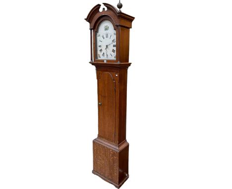 Antique oak cased 30 hour longcase clock having painted arched dial, 220cm.