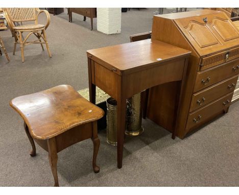 Oak finish four drawer bureau, Singer cabinet sewing machine, walnut sewing table, two brass stick stands and brass slipper b