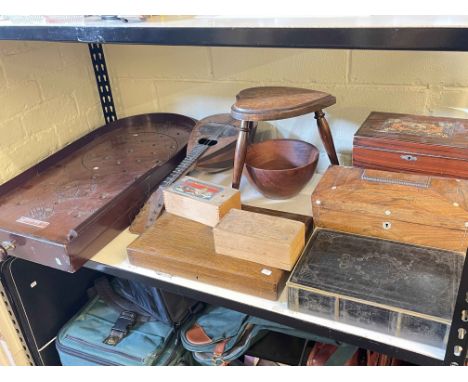 Corinthian 42 bagatelle, two boxed chess sets, inlaid tea caddy, inlaid decorative boxes, mandolin, etc.