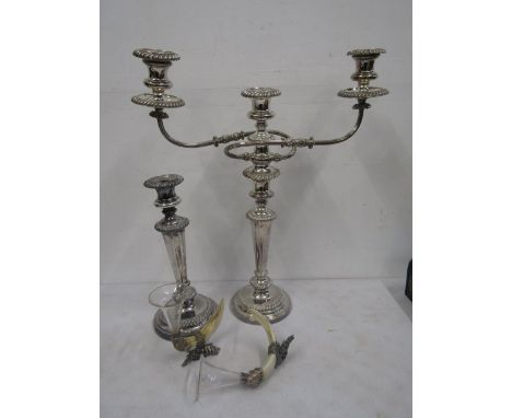 A large candelabra, candlestick and a pair horn candlesticks a/f