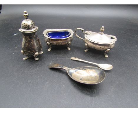 Silver condiment items and caddy spoon 130 gms approx