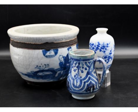 Chinese blue and white planter, jug and miniature vase