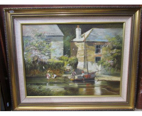 Ted Dyer (b. 1940 West country artist)- signed oil on canvas children playing on the waters edge, Coombe. 77x63cm