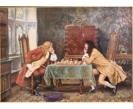 After&nbsp;Frank Moss Bennett (1874&ndash;1952), 1922 print glazed and framed in oak frame depicting gentlemen playing chess&