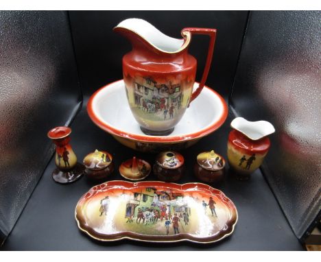 Vintage English Hand painted jug and bowl set with vanity plate and pots, vase and candlestick