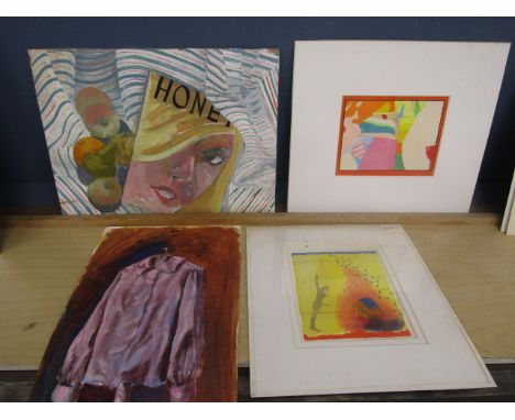 Neil Ward-Robinson 4 unframed paitings- 'Honey' pop art oil onboard, 'Temple of Carnac' watercolour (mounted) watercolour abs