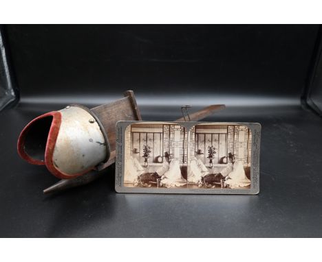 Vintage stereoscope with one card 'Minister of War playing oriental chess, Seoul, Korea'