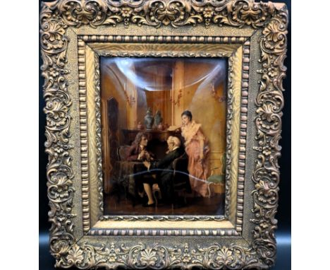 18th Century reverse glass painting depicting two gentleman playing chess with a lady watching After Ernesto Ricardi - "The C