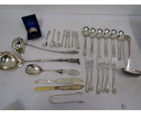 Plated punch ladles, cutlery/ flat wares and a napkin ring