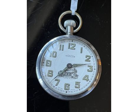 An early-to-mid 20th Century Mentor stye pocket watch with white enamel face steam engine train on face and engraved on the b