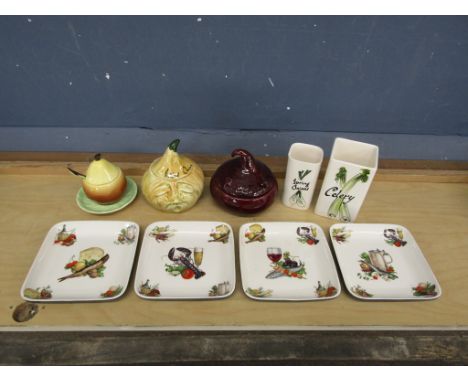 Toni Raymond pottery pickled onion storage pot, utensil pots and Carlton Ware pear preserve pot with lid and spoon etc&nbsp;