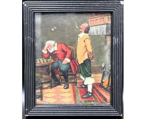 watercolour depicting two gentlemen playing chess in front of the fire, unknown artist, glazed and framed 12.5cm x15cm&nbsp; 
