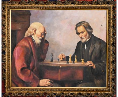 Oil on canvas depicting two gentlemen playing chess, in gilt frame&nbsp;