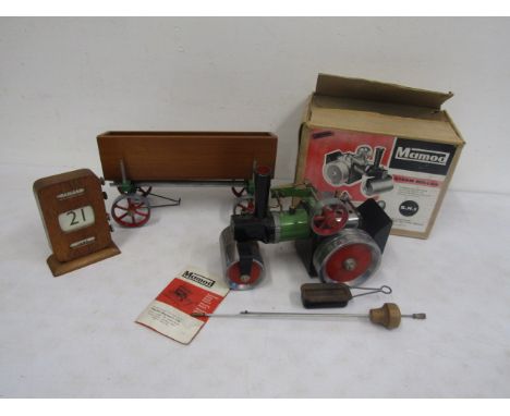 Mamod model&nbsp; stationary steam roller in original box with accessories and leaflet plus a Mamod trailor that has been fas