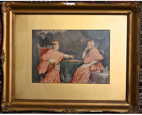 Two watercolours depicting cardinals playing chess both framed and glazed in gilt frames&nbsp;