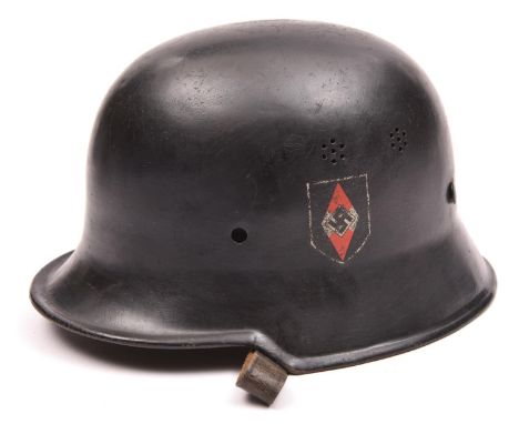 A Third Reich M34 police type Hitler Youth square dip steel helmet,  with Hitler Youth and party shield decals, leather liner