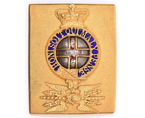 An officer’s shoulder belt plate of the Royal Artillery, c 1823-33, gilt with enamelled centre, most of the red and white ena