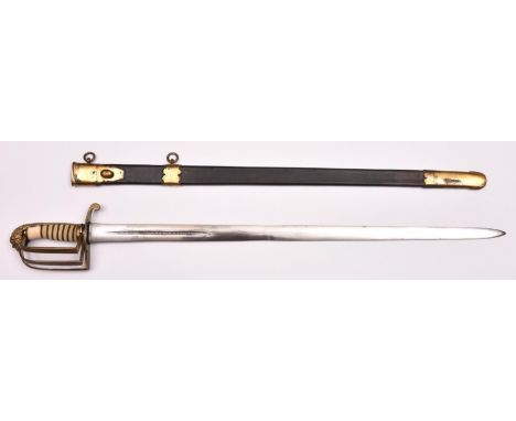 A late 18th century RN officer’s service sword,straight, DE blade 29½”, with short central fuller on each side engraved “J J 